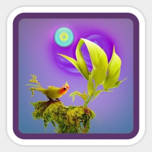 A.I. Generated Alien Plant with Bird and Blue Sun Sticker